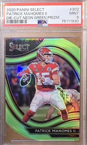 PATRICK MAHOMES II DIE-CUT NEON GREEN FIELD LEVEL PRIZM CARD-2020 SELECT- PSA 9