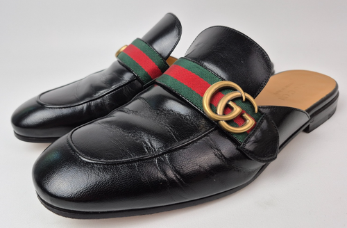 Mocasín Gucci Para Hombre Negro Princetown GG Marmont Cuero Slide Mule Talla 11 UK - Imagen 2 de 8