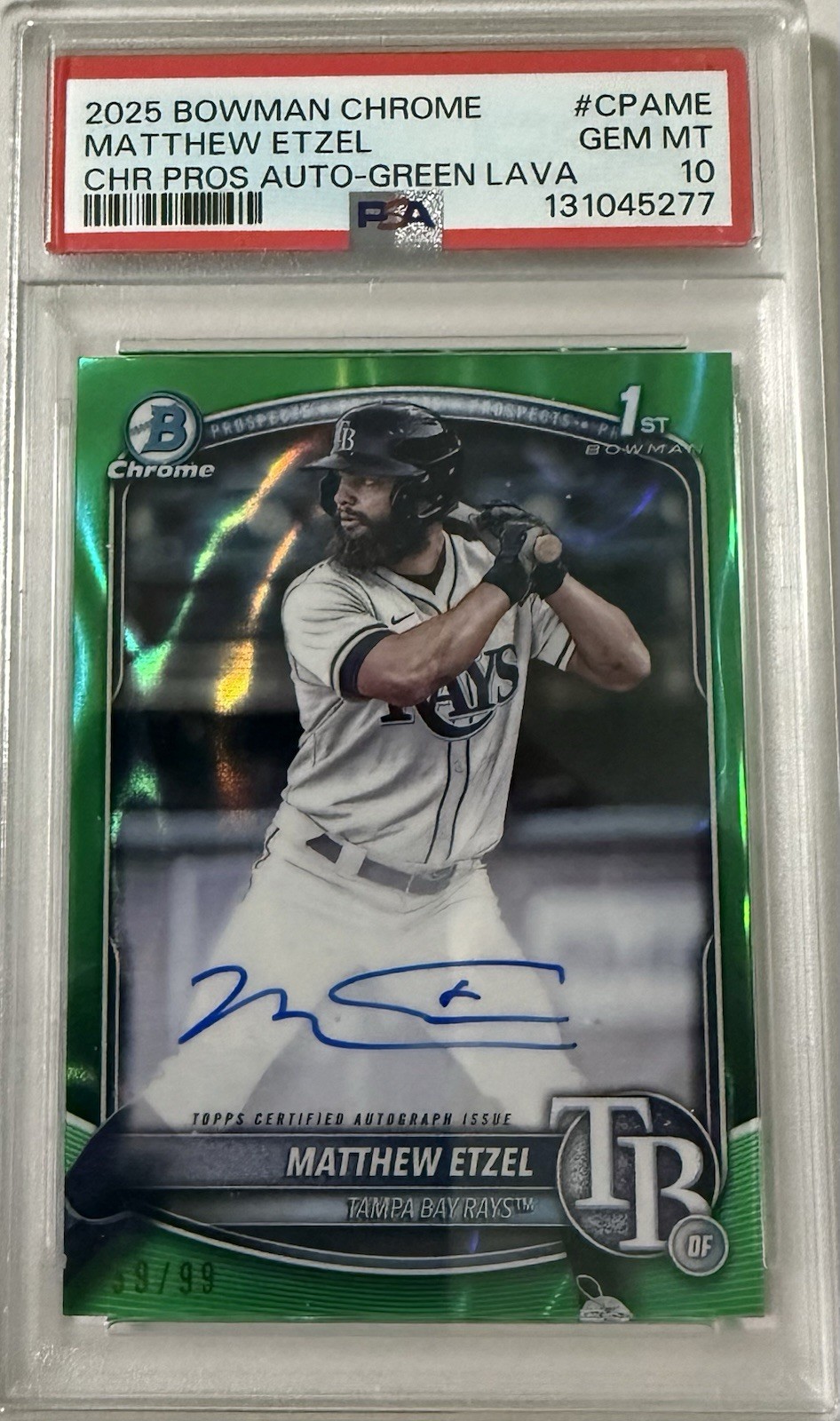 Matthew Etzel 2025 Bowman Chrome 1st Bowman Green Lava Refractor Auto /99 Rays