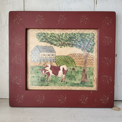 Vintage L. Breidinger COW & BARN PA Folk Art Original Watercolor Red Wood Frame