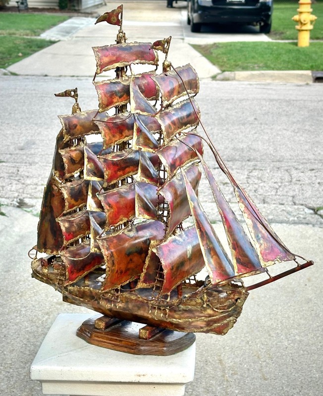 VINTAGE MCM C JERE STYLE MODERNIST TALL SHIP  21" METAL SAILING BOAT SCULPTURE