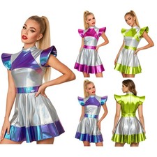 US Women Metallic Space Alien Cosplay Holographic Skater Dress Halloween Party