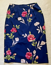 VTG Alfred Dunner Skirt Women 14 Blue Floral Column Style Back Slit Elastic Wais