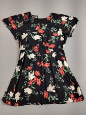 Old Navy Women Mini Dress XL Black Floral Pleated Keyhole Round Neck Casual Wear