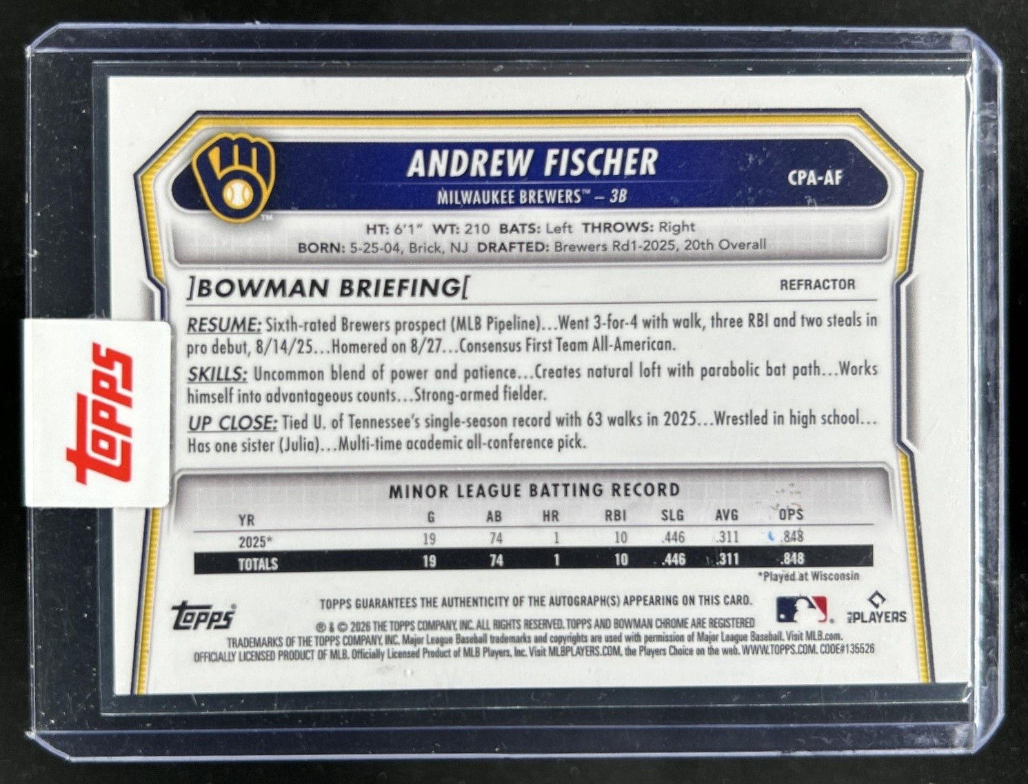 2026 Bowman Andrew Fischer Chrome Auto Refractor 1st Prospect #/499 Brewers view 2