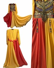 Traditional Afghan Kuchi Maxi Dress Mustard Yellow and Burnt Orange Tribal Gown
