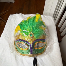 Mardi Gras Feather Masquerade Eyemask, Green Gold Purple, One Size Adjustable