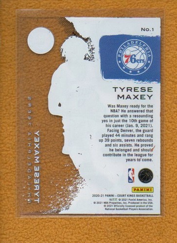Tyrese Maxey 2020-21 Panini Court Kings Basketball Acetate Rookies RC #1 - Picture 2 of 2