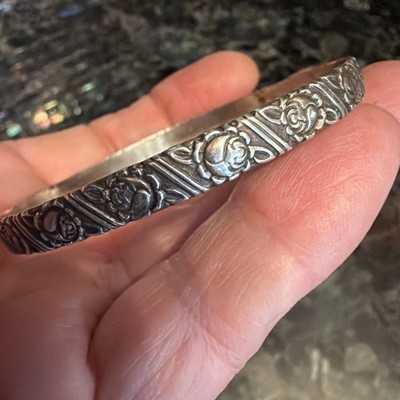 BEAU Sterling Silver Bangle Bracelet Rose Pattern 7.5'' x 1/4'' Vintage 50's Gift