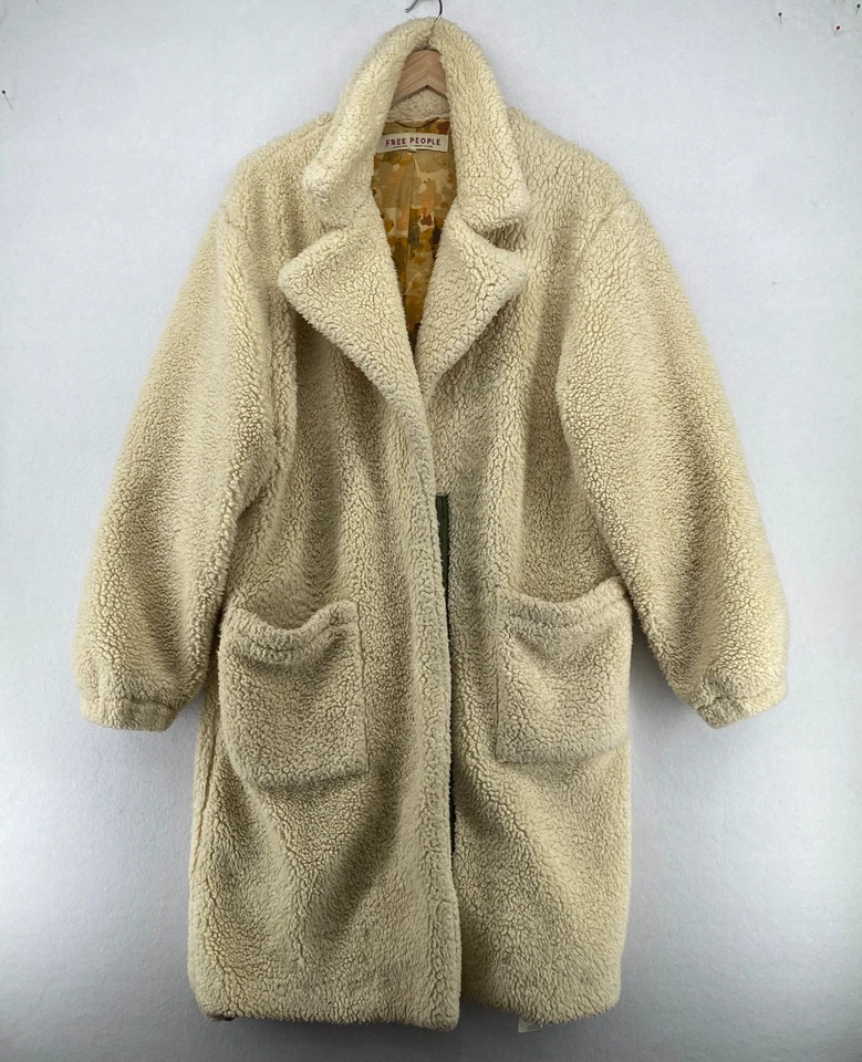 Free People 夹克 S Tessa Teddy 人造毛皮抓绒 长线风衣 Snap 米色 — 第 2/4 张图片