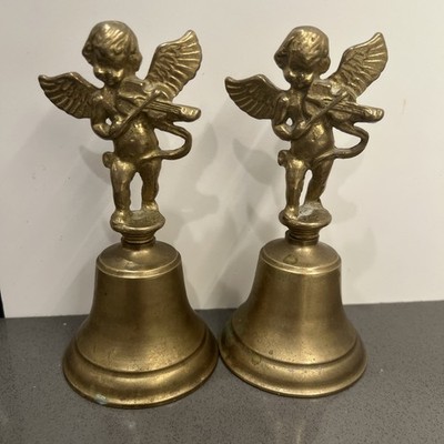 2 Vintage Solid Brass & Silver Angel  Cherub Bell Ring Ding Made In India