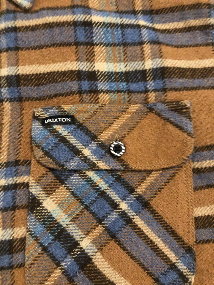 Camisa Brixton Bowery Para Hombres Talla L Marrón Azul Franela a Cuadros Tartán Cabincore Grunge Foto 2 de 4