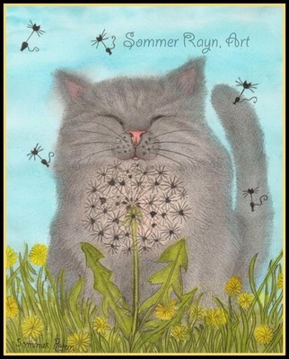 Make a wish, grey cat with a big dandelion puff, happy, card/print,  Item #0734