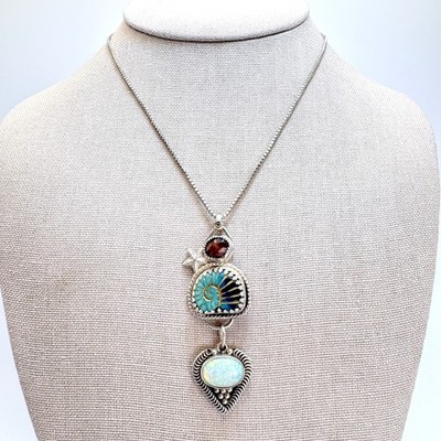 VTG Sterling Silver Turquoise Lapis Opal Shell Sea Theme Pendant 2.5'' L 15'' Chai