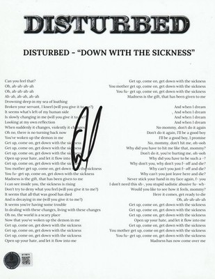 DAVID DRAIMAN SIGNED DISTURBED DOWN WITH THE SICKNESS LYRIC SHEET - BECKETT COA