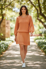 Vintage 1970s Handmade Burnt Orange Knit Sweater  Woven Skirt Set Two Piece Bo