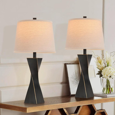 Set of 2 Rustic Black Gold Bedside Lamps with Linen Shades - 26.5'' Tall