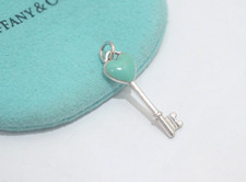 Tiffany  Co. Silver Blue Enamel Heart Key Pendant Charm 2