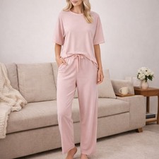 Ekouaer Pink Lounge Set Pajamas Women Large Soft Stretch Sleepwear Top Pants Set