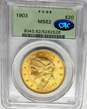 CHOICE 1903 Gold Liberty Head $20 Double Eagle Certified By PCGS & CAC MS 62