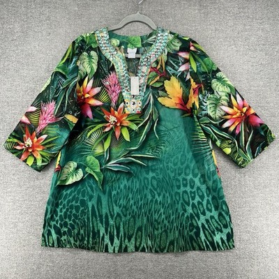 Chicos Tunic Top Embellished Women Sz 2P Rainforest Green Casual 3/4 Sleeve NEW