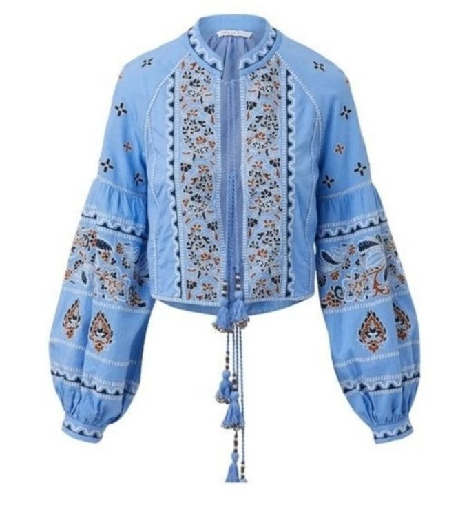 648 Veronica Beard Rivoli Cropped Embroidered Tassel Tie Balloon Sleeve Jacket