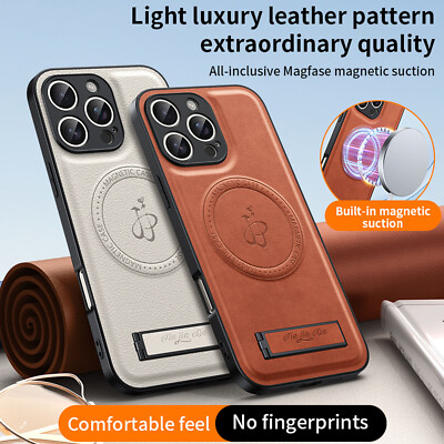 For iPhone17Pro Max 16e 15 14 13 12 11 Magnetic PU Leather Stand Hard Phone Case