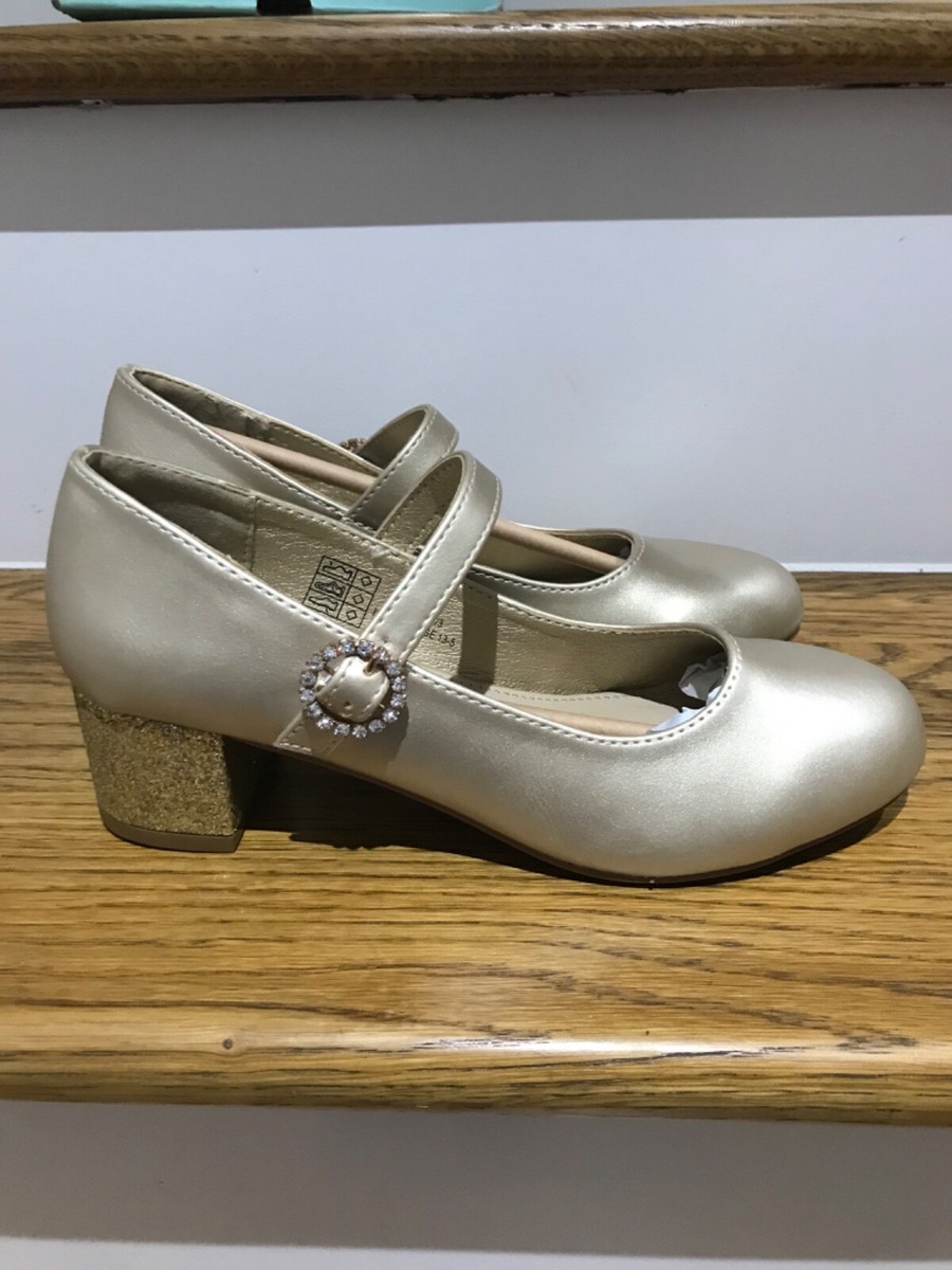 Girls Size UK Golden Sparkly Heel Special Occasion Block Heel