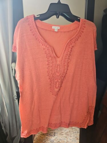 J. Jill Love Linen Coral Embellished V-Neck Cap Sleeve Tunic Top Sz XL