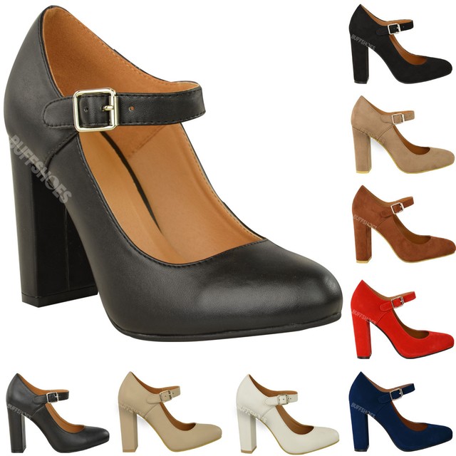 WOMENS LADIES BLOCK HIGH HEELS COURT SHOES MARY JANE STRAPPY FORMAL OFFICE SIZE | eBay