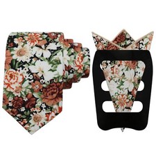 Floral Tie Sets for Men Skinny Cotton Flower Neckties with Handkerchief and P...