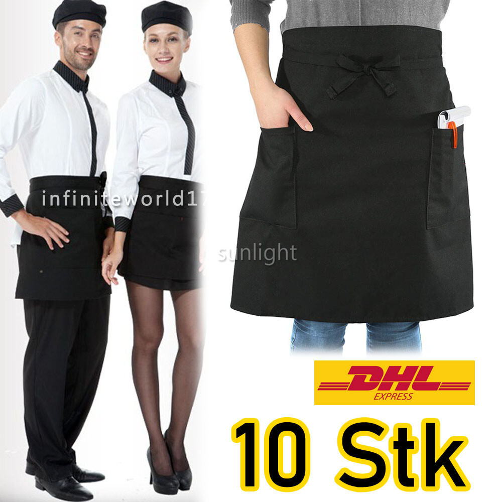 10x Schwarz Vorbinder Schürze Küchenschürze Kellnerschürze Bistroschürze unisex