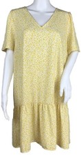 A New Day Shift Dress Yellow Floral Short Sleeve V-Neck Ruffle Hem Crepe Size L