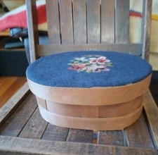 Vintage Needlepoint Sewing Box  Embroidered Blue Floral Lined Sewing Basket 10" 