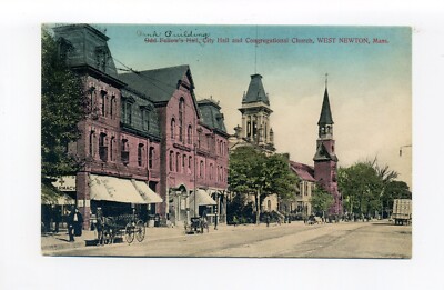 West Newton MA 1909 postcard street view note overstuffed freight wagon to right