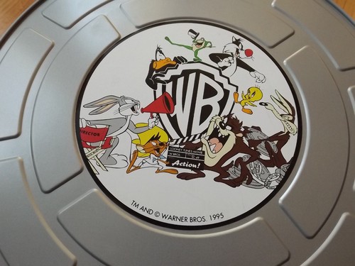 looney tunes 1995 film canister 10 1/2" metal tin taz bugs daffy