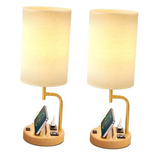 Modern Cream Linen Shade Desk Lamp with 3 USB Charging Ports-image