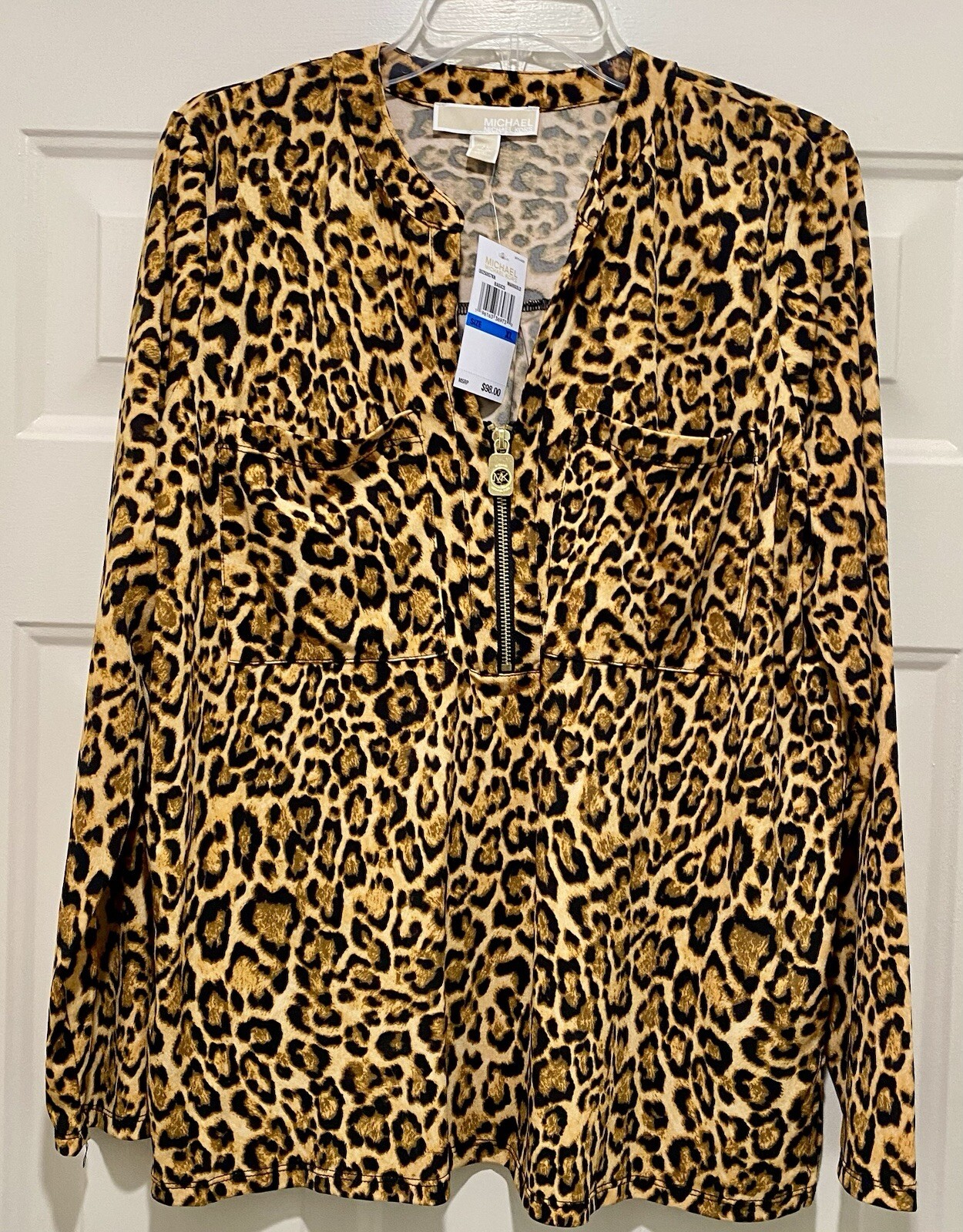 Michael Kors Women’s X Large Blouse Leopard Animal Print V Neck Zip Stretch Top
