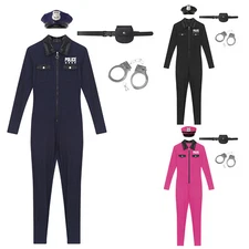 Women Bodysuit Officer Dress Up Party Jumpsuit And Hat Halloween Leotard Cop