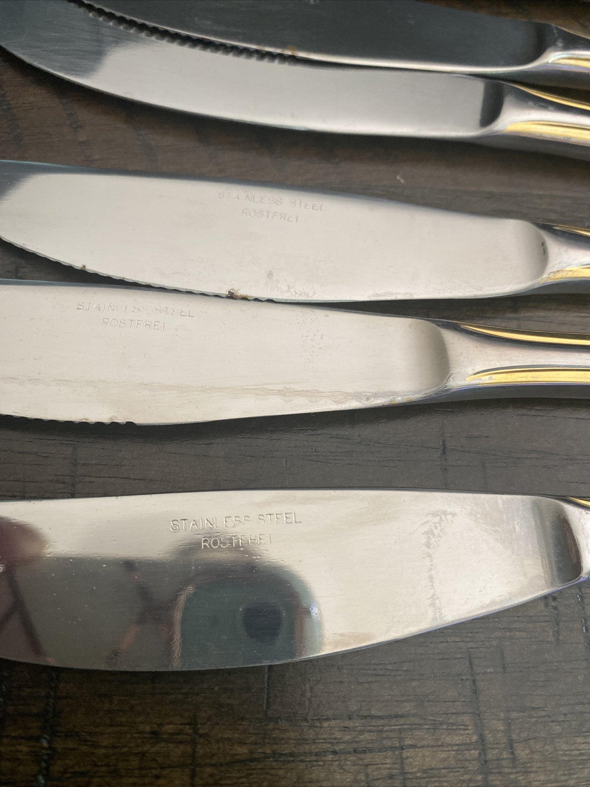 6 Vintage Rostfrei Stainless Steel With Gold Tone Accents Dinner Knives