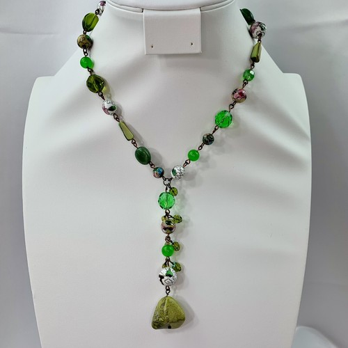 ESTATE VINTAGE CLOISONNE STONE FACETED GLASS BEAD DROP NECKLACE GREEN