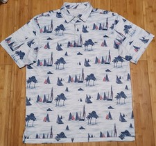 Vineyard Vines Polo Shirt Mens Sz L White Blue Performance Golf Boats Palm Trees
