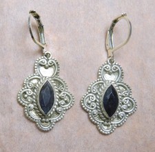 Sterling Silver Sapphire Filigree Retro Dangle/Drop Earrings 1-3/4 inches