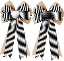 2 Pack Black White Stripe Burlap Fall Bows Wreaths Decorations,Rustic Farmhouse