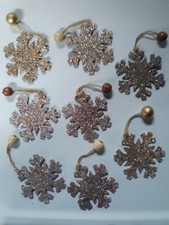 Christmas Snowflake ornament hanging wooden hand decorated abstract 8 pcs in set