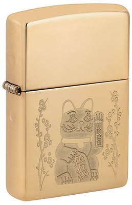 Zippo Lighter: Lucky Cat, Engraved - High Polish Brass 81707