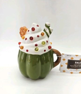 Hobby Lobby Fall Hot Coco Whip LED Light Up Ceramic Decor Green Pumpkin Latte