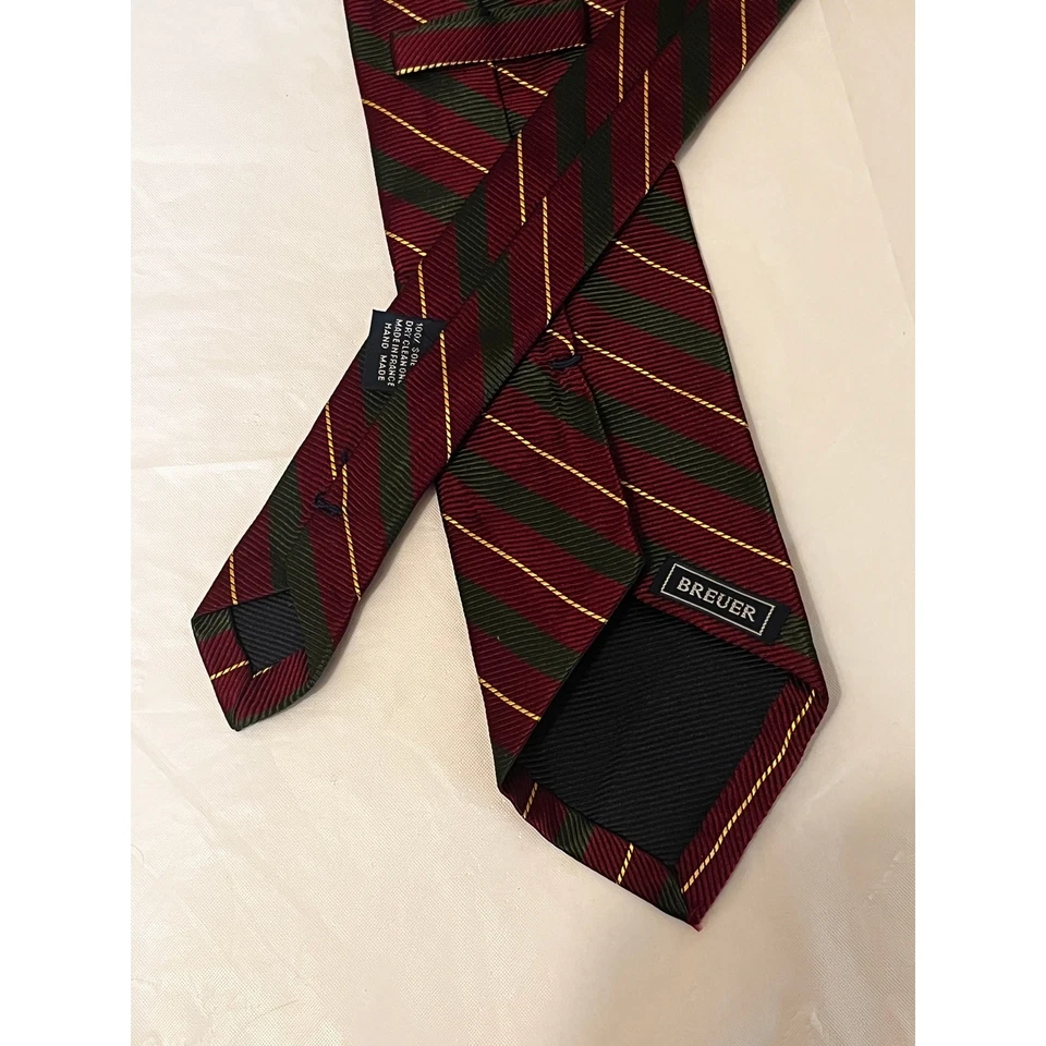 BREUER All Silk Tie Necktie Hand Made In France - Stripes Red & Green - Image 4 of 4