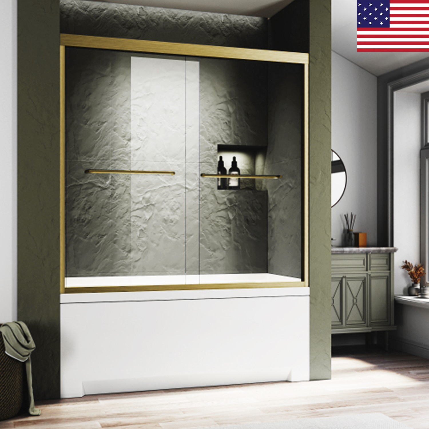 Gold 60''W x 57'' H Frameless Bathtub Shower Doors Clear Shower Door for Bathtub