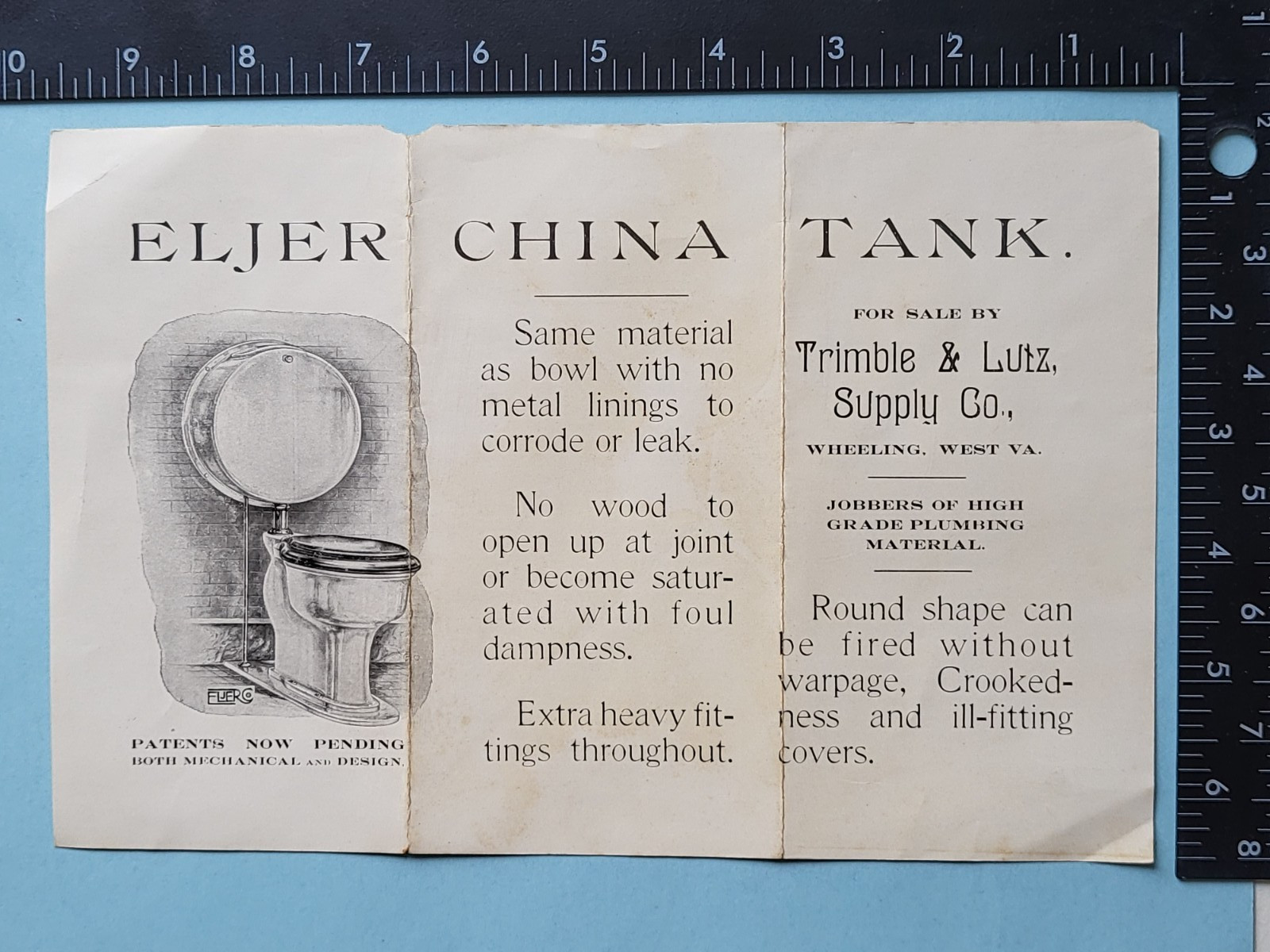 original 20thC Eljer China Tank advertising pamphlet West Virginia Supply Co.,